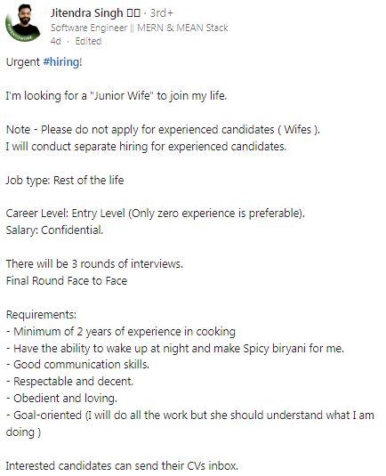 Techie 'urgently hiring junior wife' on LinkedIn shocks people, Internet reacts to the spoof